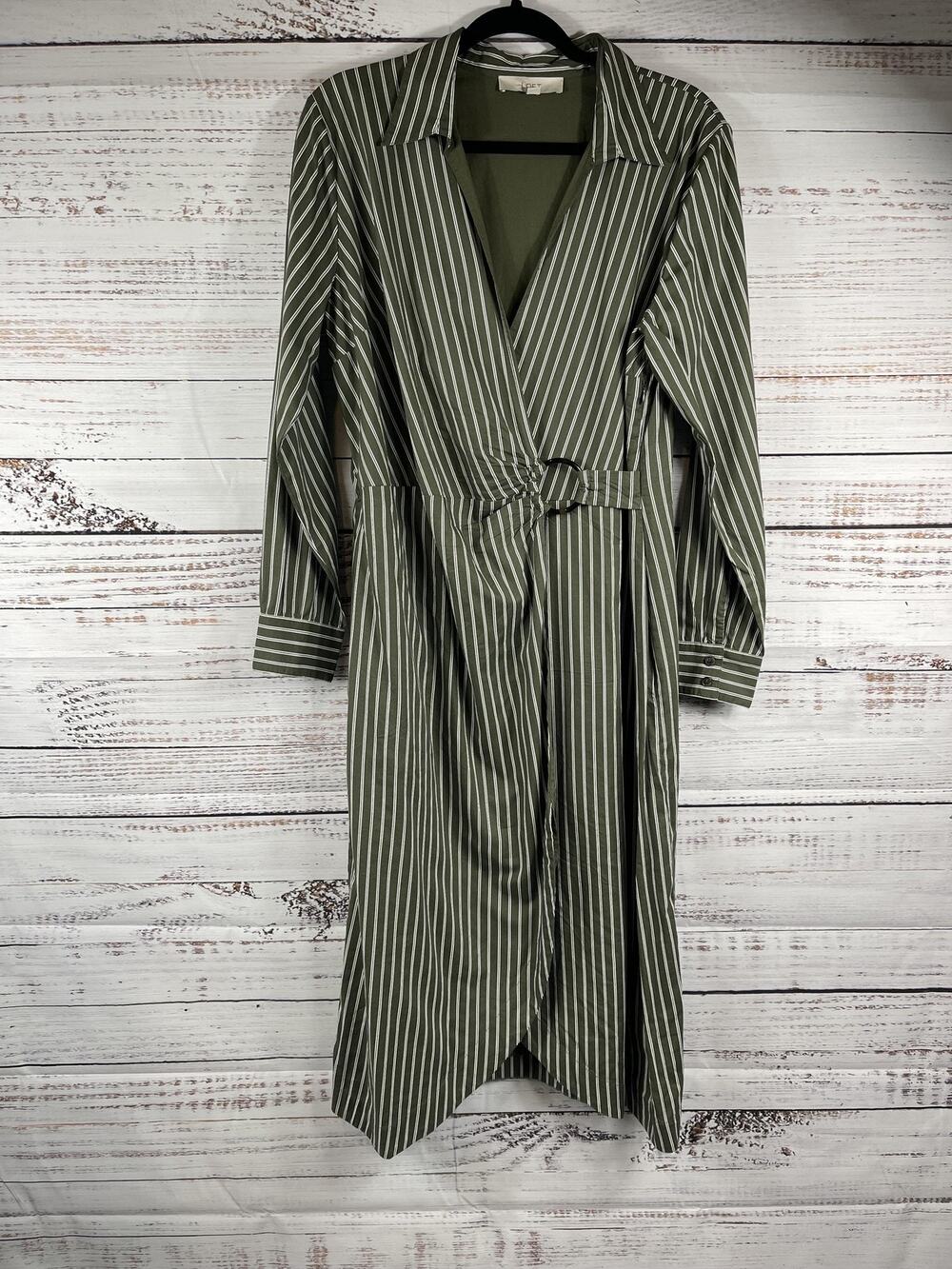 LOFT Dress Womens 12 Green Stripe Wrap Shirt Midi Belted Ring Buckle V-Neck Work